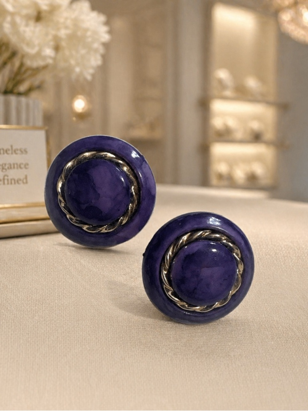 Vintage Plastic Purple Gold Tone Round Circle Earrings